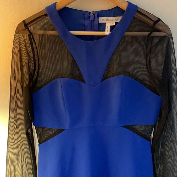 BCBG- Long Sleeves Bright Blue Mini Dress with Black Transparency - Picture 3 of 7